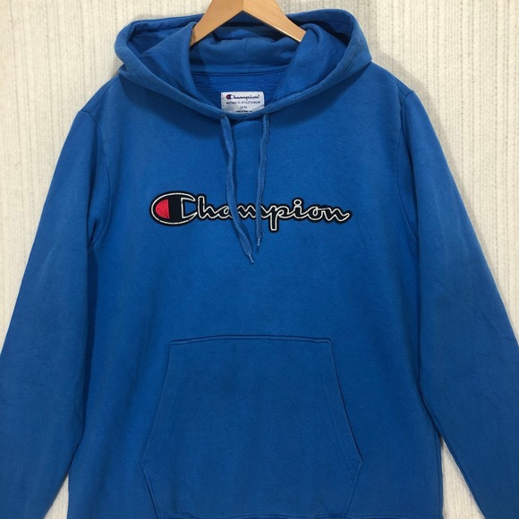Champion Hoodie Pullover Sweatshirt Spell Out Logo Blue Comfy Men's Size‎ Medium - Picture 1 of 9